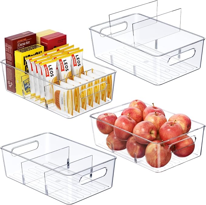 Mpotmiy 4-Pack Pantry Organizers and Storage, Clear Fridge Organizer Bins | Clear stackable plastic bins with removable dividers for packets, snacks, pouches and spices in pantry, fridge or freezer.