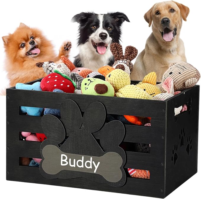 Cinnvoice Large Dog Toy Basket Wood Dog Toy Bin Storage Baskets Box with Handles and Label Position Design Large Organizer with Paw Pattern Print for Pets Toys Food Blankets Clothes 18"x12"x10"