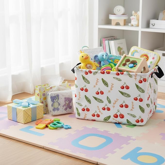 Kid Cute Rectangle Storage Basket Baby Toy Clothes Storage Bin Nursery Playroom Bedroom Decor Basket (Painted Cherry)
