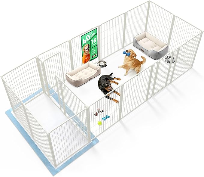 FXW Homeplus Indoor Dog Playpen with Divider Connectors, 40" H, 16 Panels | Calm Indoor Play Area, Two-Zone Layout, For Medium & Large Dogs, Patented
