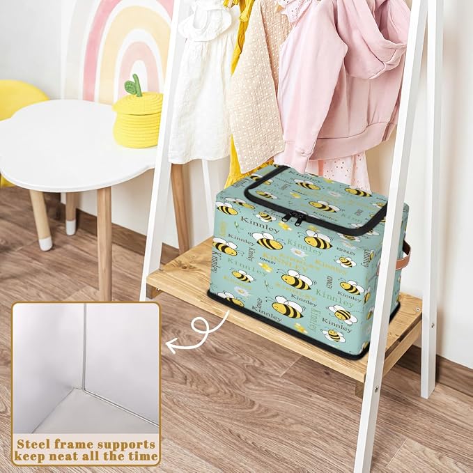 Personalized Name Storage Basket with Zipper Lid, Canvas Storage Bins Toys Clothes Organizer for Bedroom, Kitchen, Bathroom, Shelves, Closets, Cartoon Bee with Daisy Floral Ligth Green