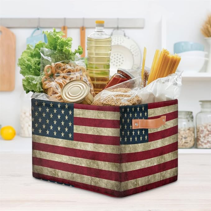 Pardick Storage Basket American USA Flag, Large Foldable Organizer Storage Bins for Shelves, Sturdy Canvas Cubes Storage Boxes with Handles for Toys Closet Nursery Office Living Room 15" x 11" x 9.5"