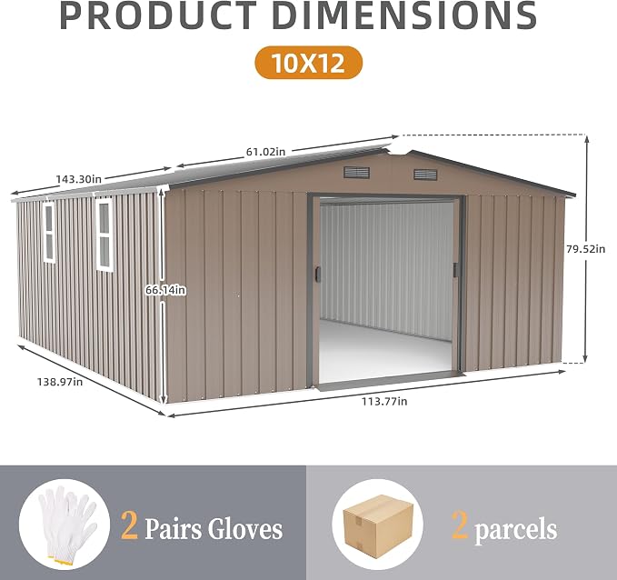 10x12 FT Outdoor Metal Storage Shed, Large Storage Shed with Two Daylight Windows, Outdoor Tool Shed with 0.23mm Color Steel Plate and Surface Protective Film, Brown
