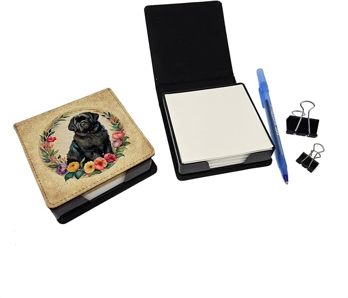 Caroline's Treasures Newfoundland and Flowers PU Leather Note Paper Holder with Artist-Designed Cover, Desk Accessory, Office Gift