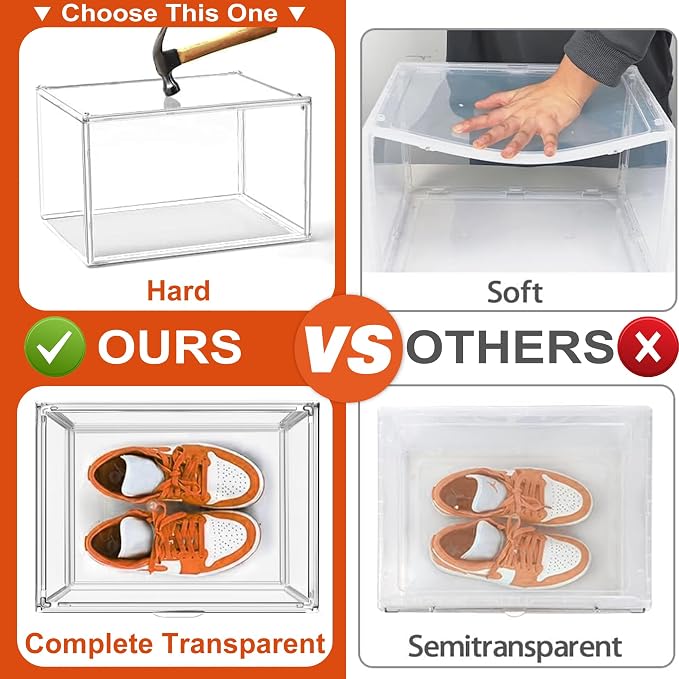 12 Pack Clear Acrylic Shoe Boxes, Wide Magnetic Door Shoe Organizer Size 12 | clear storage boxes for daily shoes, flats, low-top sneakers and closet storage,13.4 x 10.3 x 7.6 in