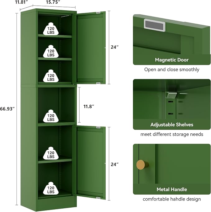 YAUWOH 2-Door Metal Storage Cabinet, Tall Slim Pantry Organizer with 3 Adjustable Shelves (120LBS/Shelf), Anti-Tipping Waterproof Cabinet for Bathroom/Kitchen/Home Office/Small Spaces,(1PC,Green)