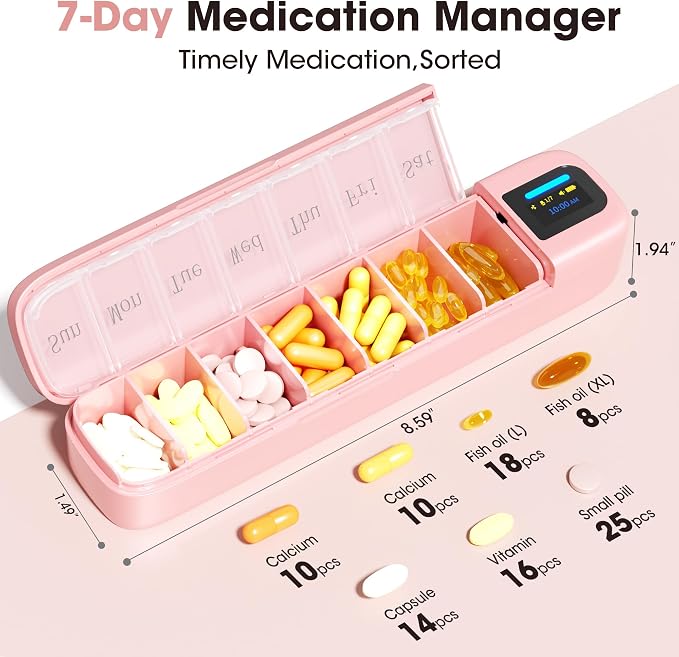 Daviky Automatic Pill Dispenser, Smart Pill Organizer with Alarm | Pill Box 7 Day with APP, Weekly Travel Pill Case, Portable Pill Reminder for Medicines, Supplements and Vitamins (Pink)