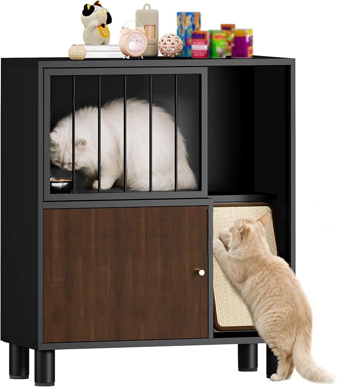 Dog Proof Cat Feeding Station, Metal Cat Feeding Cabinet, Black | Elevated Cat Feeding Station, Pet Food Station with Storage, Cat Bowl Stand, Scratching Board, Stainless Steel Bowls