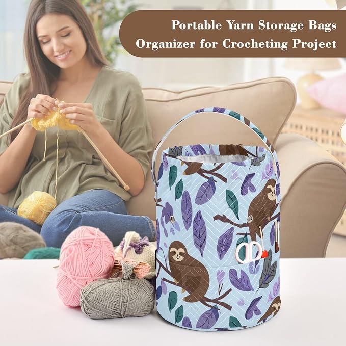 Tatenale Crochet Bag Yarn Bag Knitting Project Bag with Pockets and Handle Portable Yarn Storage Organizer Tangle Free 8.3x11 InchCartoon Sloths Branch Purple35