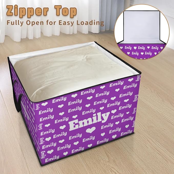 Custom Name Storage Bin with Lid, Personalized Extra Large Dark Voilet Purple Background Love Hearts Storage Basket with Handles Zippers Organizing Comforters, Blankets, Bedding Closet Shelf Baskets