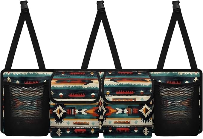 Dreaweet Southwestern Trunk Organizer for Car Navajo Tribal Geometric Trunk Backseat Organizer Large SUV Hanging Storage Bag with 4 Pockets Foldable Car Seat Organizers and Storage for Most Vehicle