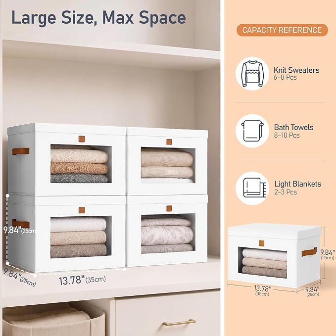 DIMJ Storage Bins with Lids - 4 Pack Large Fabric Closet Organizer with Window & Handles, Collapsible Decorative Storage Boxes for Shelves Under Bed, Books Clothes Blankets Sweaters Organization