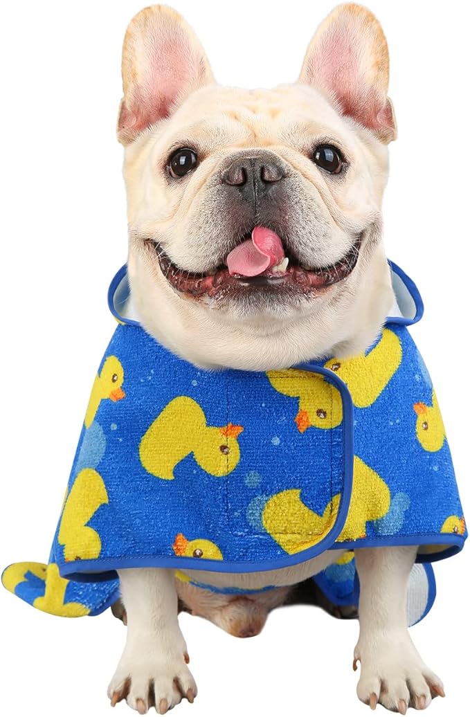 HDE Dog Bathrobe Super Absorbent Quick Drying Puppy Towel Wrap Coat Adjustable After Bath Robes with Hood for Dog Sizes S-XXL Blue Rubber Ducks M