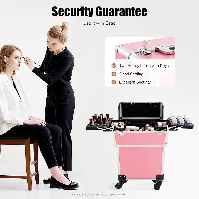 Rolling Makeup Train Case, Lockable Cosmetic Trolley with 2 Keys, Aluminum Cosmetic Case Rolling Makeup Trolley Case 4 Tray with Sliding Rail, Salon Barber Case Traveling Cart Trunk