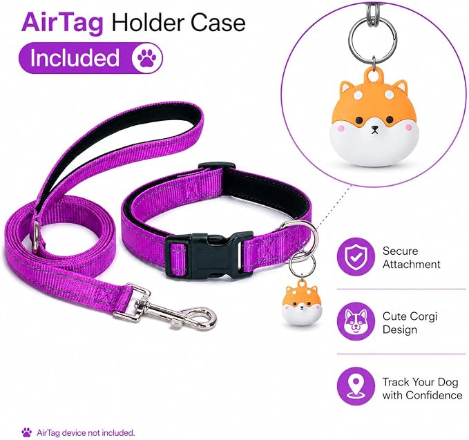 Reflective Soft Neoprene Padded Matching Dog Collar with Leash Airtag Holder Case Set Safety Breathable Adjustable Nylon Dog Collars for X-Small Small Medium Large Dogs-Purple-M