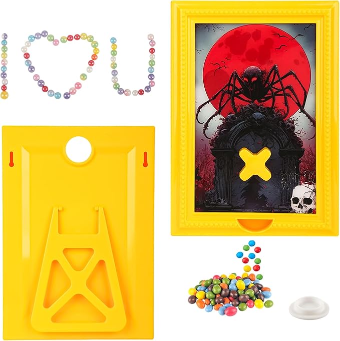 Candy Dispenser Picture Frame, Wall-Mount & Tabletop Gumball Machine with Multiple Designs for Candy, Nuts, Treats, Interactive Home and Office Decor (Spider, Yellow)