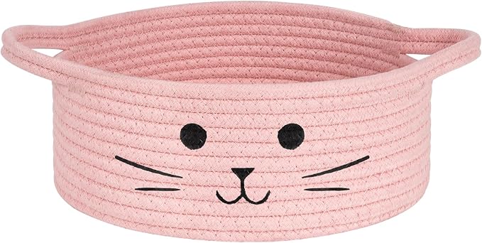 Small Woven Rope Cat Toy Basket with Cat Face Design, Pink | 9.8" x 4" Cute Toy Storage Bin for Girls' Living Room & Nursery, Baby Gift Baskets Empty with Sturdy Handles