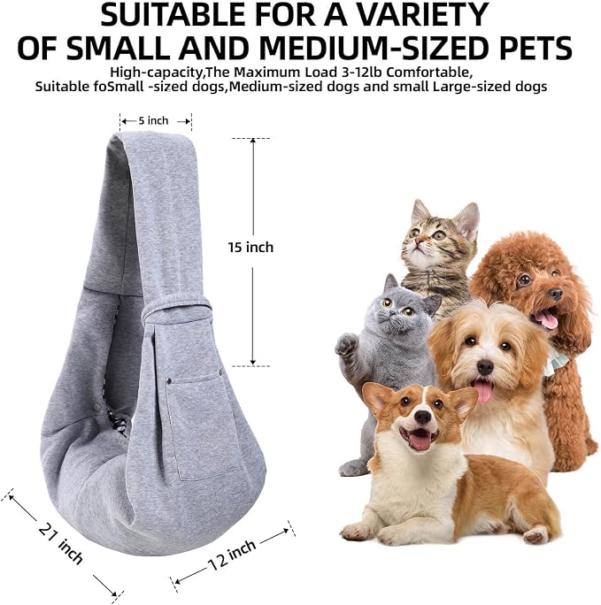 Dog and Cats Carrier Sling, Puppy Small Pet Carrier with Storage Pocket | Reversible Dog Sling Carrier, Safety buckle, Storage Pocket, Machine Washable for Travel, Outdoor Activities, Hand-Free, Gray