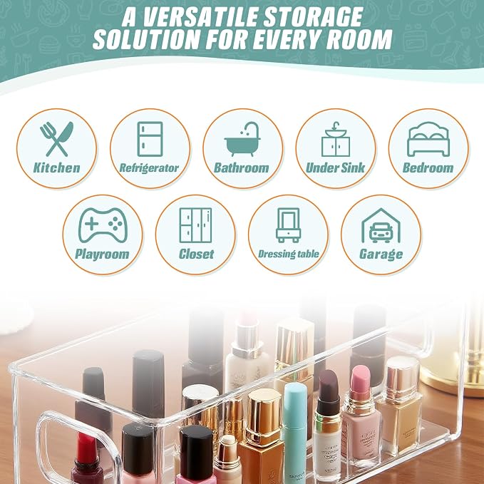 Set of 8 Clear Organizers and Storage Bins, 4 Large and 4 Small Stackable Plastic Storage Containers with Handles for Fridge, Freezer, Pantry, Cabinet, Kitchen Organization
