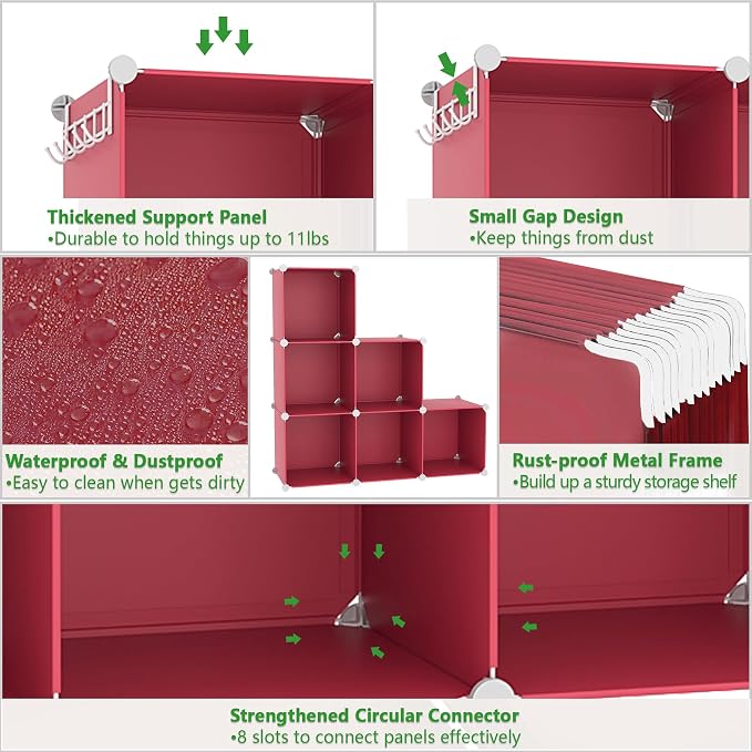 C&AHOME 6-Cube Storage Organizer Cube Shelf Closet Storage Bookcase, Red | Stackable Cubby Storage, Bookshelf, Portable Plastic Storage Closet Organizer, DIY Modular Shelving Units for Home, Wardrobe