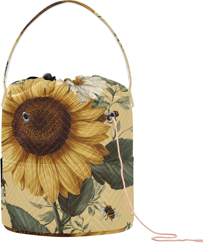 Tatenale Crochet Bag Yarn Bag Knitting Project Bag with Pockets and Handle Portable Yarn Storage Organizer Tangle Free 8.3x11 InchYellow Sunflowers and Daisies09