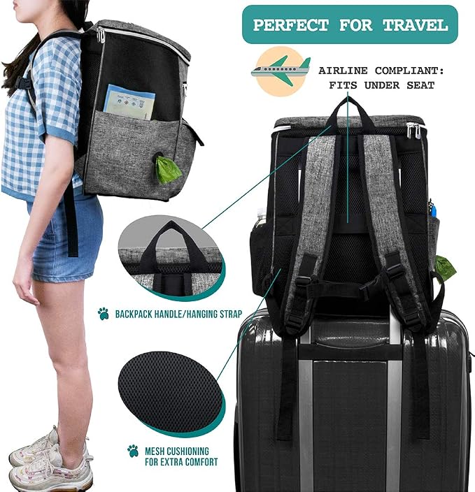 PetAmi Dog Travel Backpack 27L Airline Approved Pet Supplies Bag, Gray | Cat Traveling Suitcase Organizer for Weekend Road Trip Camping; 2 Food Containers, 2 Collapsible Bowls & Poop Bag Dispenser