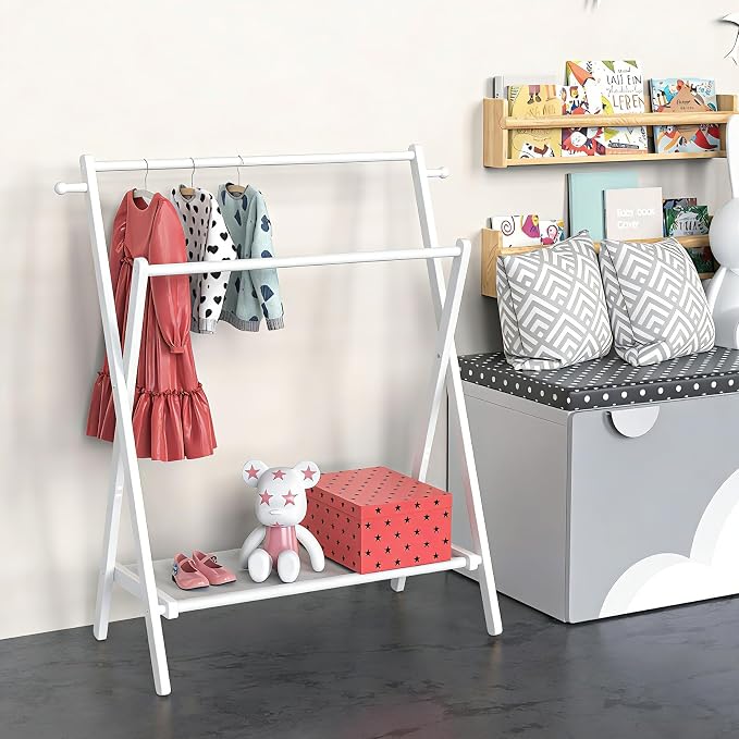 BAMBOOHOMIE Kids Clothing Rack, Small Clothes Rack for Toddler Pets, Kids Dress Up Rack with Storage Shelf & Double Rods, Foldable Kids Clothes Rack for Nursery Child's Room (Regular Size - White)