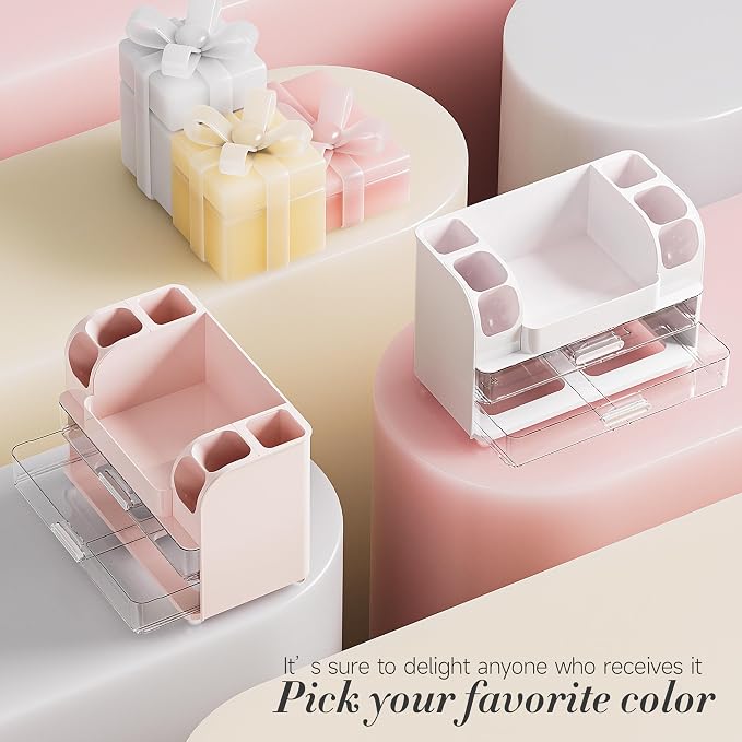 Delamu Large Makeup Organizer Countertop with 6 Brush Holders, White