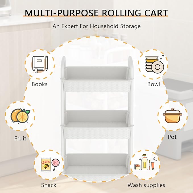 MOYIPIN 4-Tier Plastic Rolling Utility Cart with Handle,White | Utility Storage Cart for Office, Living Room, Kitchen,Movable Storage Organizer，Easy installation，Rattan-like art design