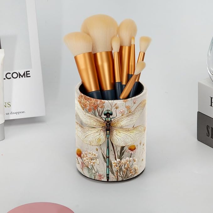 Dragonfly and Flower Pen Holder, Pencil Cup Marker Brush Holder Desk Storage Case, Desktop Organizer for School Office Home Supplies