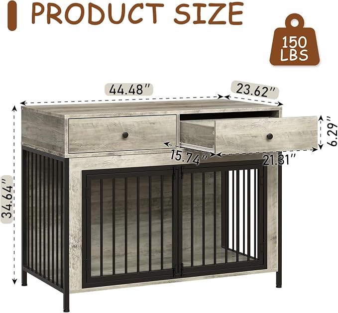 PUKAMI Large Dog Crate Furniture with 2 Drawers, 44 Inch Wooden Dog Kennel Indoor, Crate Furniture as Decorative End Table, Cage Furniture for Small Medium Large Dogs (New Grey, 1-Pack Set)