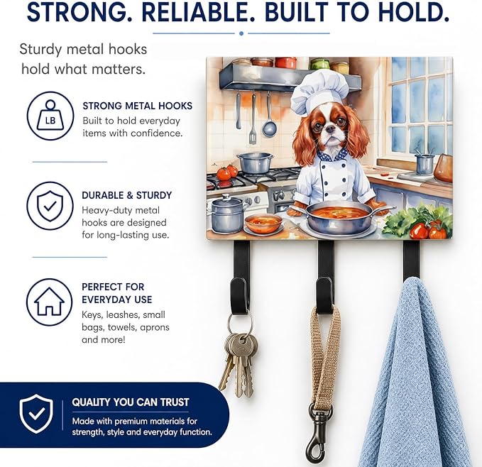 Caroline's Treasures Cavalier Spaniel The Chef Leash or Key Holder Wall Hooks, Key Hooks Holder, Coat Rack Wall Mount, Coat Hooks, Hooks for Hanging Keys, Towels, Aprons, Leashes | Cavalier Spaniel The Chef artwork on ceramic tile with three steel hook...