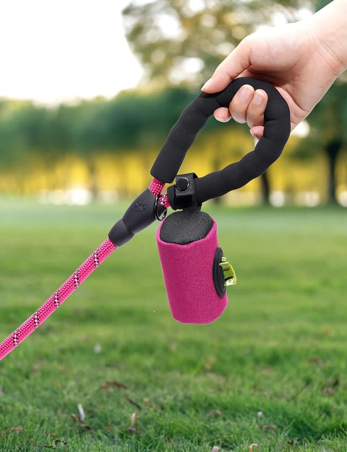 Gobeigo 2-in-1 Dog Poop Bag Holder【Easy Pull-Out Version】(Hot Pink) | Hard Plastic Insert & Soft Fabric Bag Snap-On Strap Dispenser Fits Retractable and Standard Leashes with 1 Roll Bags