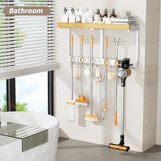 Broom and Mop Organizer Wall Hanging, Broom Hanger Holder Wall Mount | 3-in-1 Mop and Broom Holder Wall Mount with 5 Racks,5 Hooks,Storage Shelf & Vacuum Organizer for Garage,Kitchen,Laundry Room