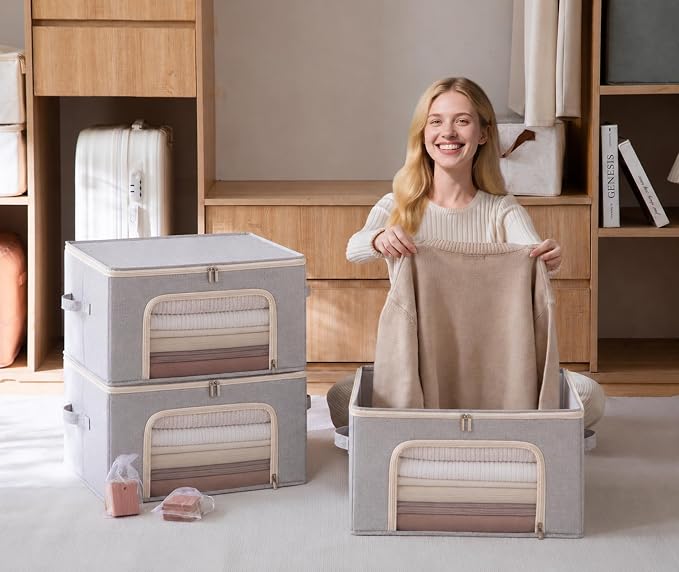2-Pack Large Cashmere Sweater Storage Bags for Wool with Cedar Blocks, Grey | Breathable Cashmere/Wool Garment Storage, Mesh Window, Rigid PP Support, Cedar Protection, Foldable Closet Clothes Storage