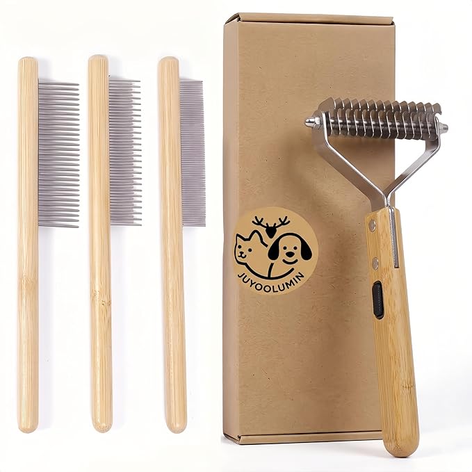 Bamboo 4-in-1 Cat Brush for Long Haired Cats, Professional Cat & Dog Deshedding Comb, Undercoat Rake Dematting Tool for Matting & Shedding, Complete Pet Grooming Kit for Indoor Cats