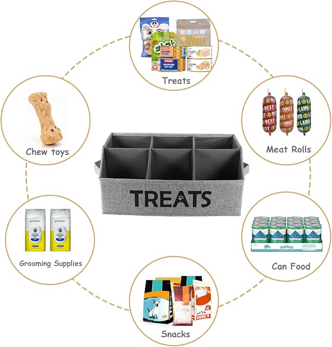 Dog Storage Organizer,Dog Treat Container Bin,Collapsible Fabric Storage Box for Pet Treats with dividers,Dog Stuff Container for Dog Treats Stick/Pet Canned Food/Packaged Snacks-Grey
