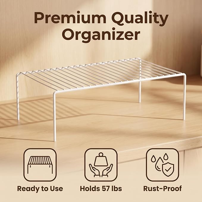 Set of 6 Large (15.7 x 9.4 Inch) Kitchen Cabinet Organizer Shelf, Wire Freezer Storage Shelves Rack, Rustproof Steel Metal Shelf Riser for Dish Plates Pantry Cupboard Organization, White