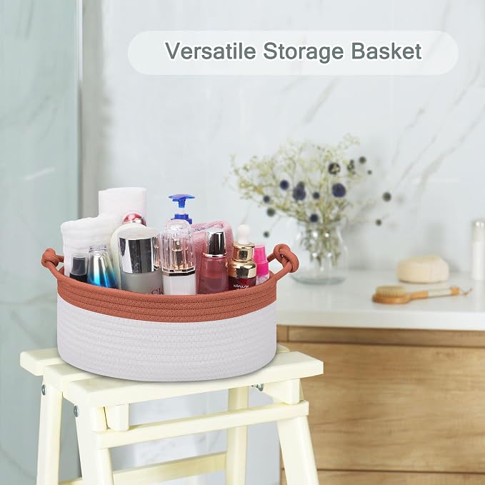 COMSE Small Gift Basket Empty with Bag & Ribbons, Autumn Glaze & White | Cotton Rope, 12"x 8"x 5", Pet Toy Storage Organizer, Woven Basket for Birthdays, Baby Showers, Mother’s Day, Valentine’s Day