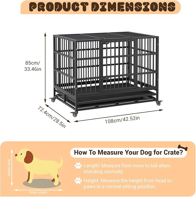 GarveeLife 42inch Heavy Duty Dog Crate, Foldable Indoor Dog Cage with Double Door, 360° Lockable Wheels and Removable Tray, Easy to Clean and Assembly，for Small Medium Dogs