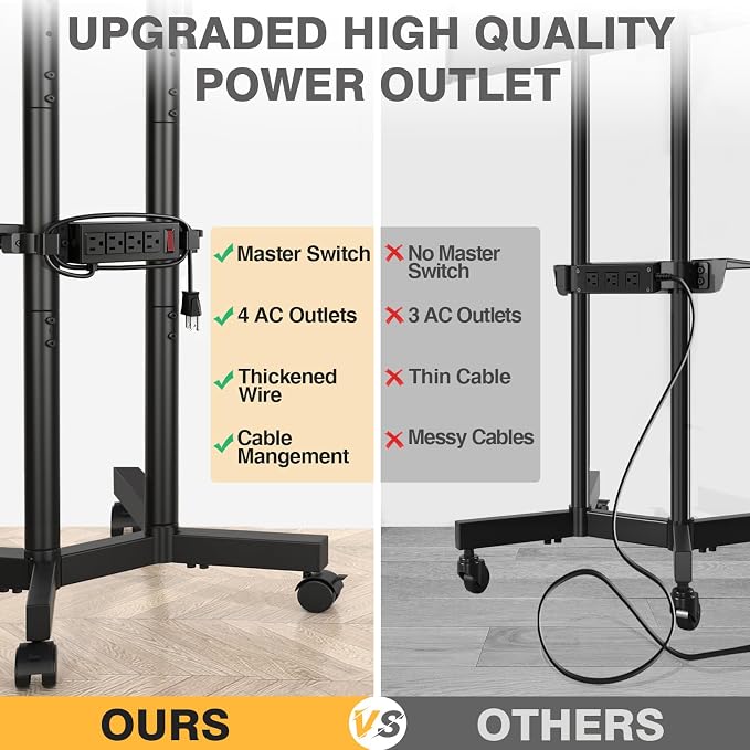 Rolling TV Stand with Power Outlet for 32-75 Inch TVs up to 88 lbs | Portable TV Stand on Wheels and Height Adjustment, Outdoor TV Stand with Shelf for Bedroom, Office, Max VESA 400x400mm