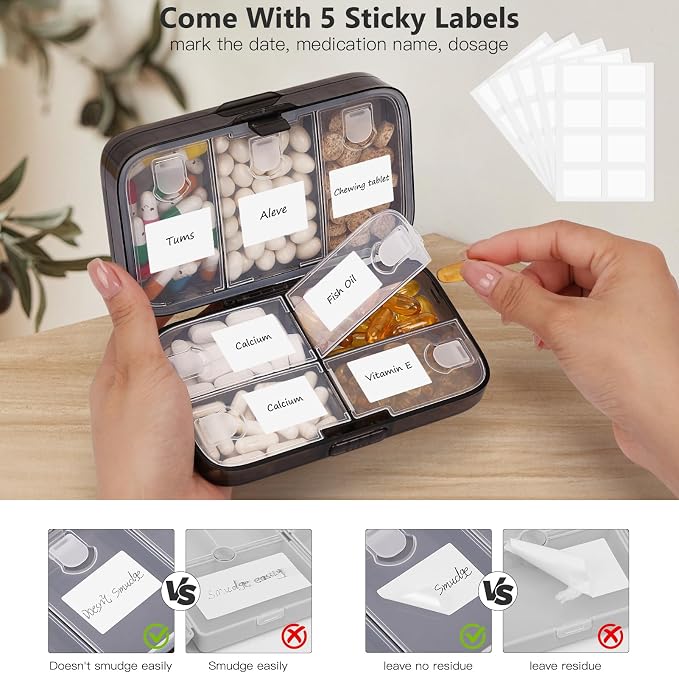FYY Travel Pill Organizer, Large Weekly Medicine Pill Organizer-Black | Airtight Moistureproof Medicine Case, Easy to Use, 8 Compartment Pill Box for Vitamins, Fish Oil, Supplements,Mini First Aid
