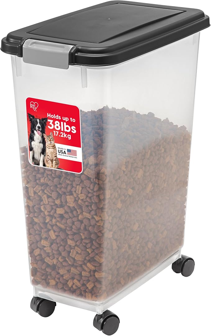 IRIS USA Dog Food Storage Container, Up to 38 lbs, Black, Made in USA | Wheels for Mobility, Airtight Seal, BPA-Free, Best for Bird Seed, Cat food, Cat Litter, Chicken Feed, Pellets