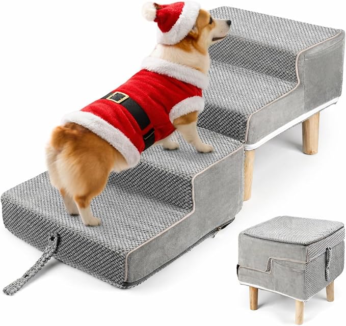 Dog Ramp Ottoman, 2-in-1 Dog Stairs for Couch and Low Bed, Foldable Solid Wood Pet Steps for Small, Medium, Senior Dogs & Old Cats - Couch Height, Washable Cover, Storage Pocket, 135lb Capacity