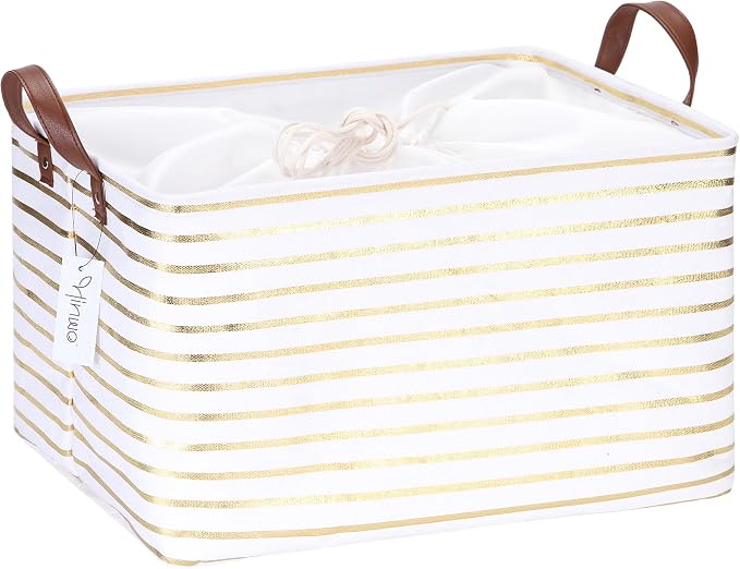 Hinwo 31L Large Canvas Storage Bin with Lid and Handles | Collapsible Fabric Basket, Closet Shelf Organizer, Container for Clothing, Blankets, Toys, Bedding (Gold Stripe)