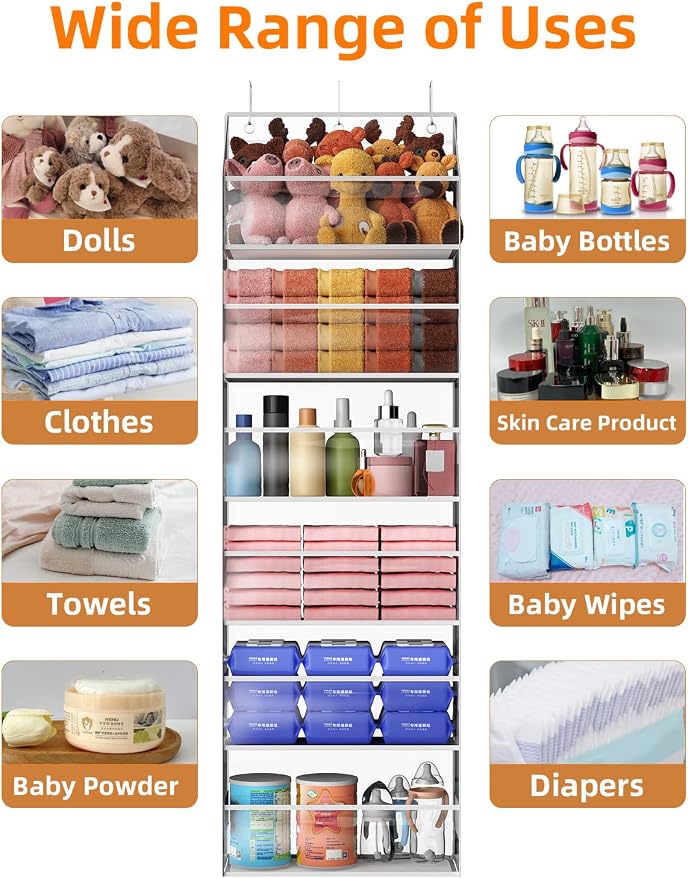 Over the Door Organizes- 6 Tier Stuffed Animal Storage, Hanging Organizer for Toys/Plushies, Back Door Organizers and Storage Holder Bag for Bathroom Nursery Newborn Baby Essential Stuff (Clear)