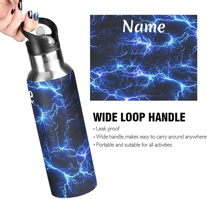 Custom Name Blue Black Lightning Water Bottle with Straw Lid Kids Insulated Stainless Steel Water Flask Sports, 20 Oz Hot Cold