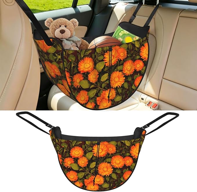 Marigold pattern Car Seat Organizer-Backseat Storage Bag for Travel | Waterproof Durable. Holds Snacks Gear Essentials. Fits Most Cars.