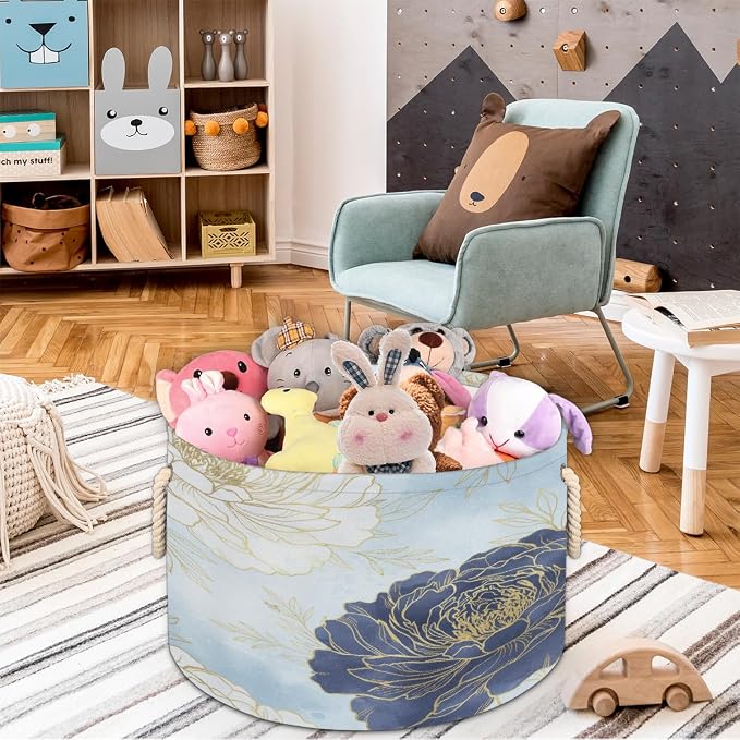 Large Storage Baskets - Blue Gold Peony Floral Nursery Organizer Bin Box with Handles Collapsible Round Laundry Hamper for Kids Toys Pet Blanket, Bedroom Living Room Home Decor Gift Basket