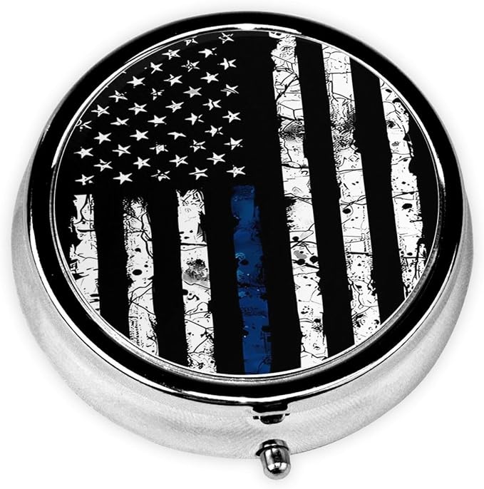 Pill Box, Small Pill Organizer with 3 Compartments and Mirror, Cute Round Portable Travel Metal Pill Case for Pocket or Purse, Privacy-Protecting Medicine Box-Black Blue Tree Leaves American Flag